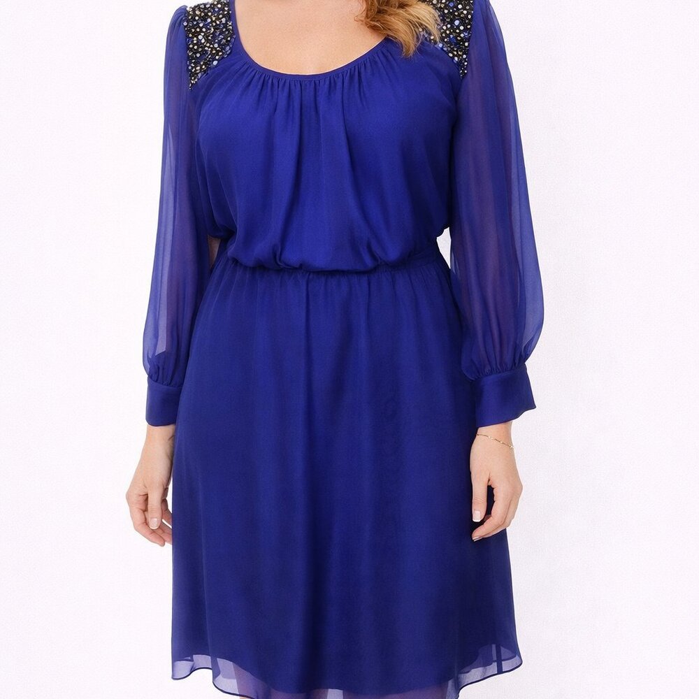 Be Seduced Flowy Chiffon Blue Knee Length Long Sleeve Dress Size 8